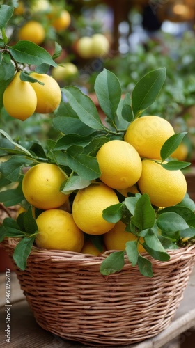 Fresh Yellow Lemons in a Woven Basket Displayed with Leaves on the Vine