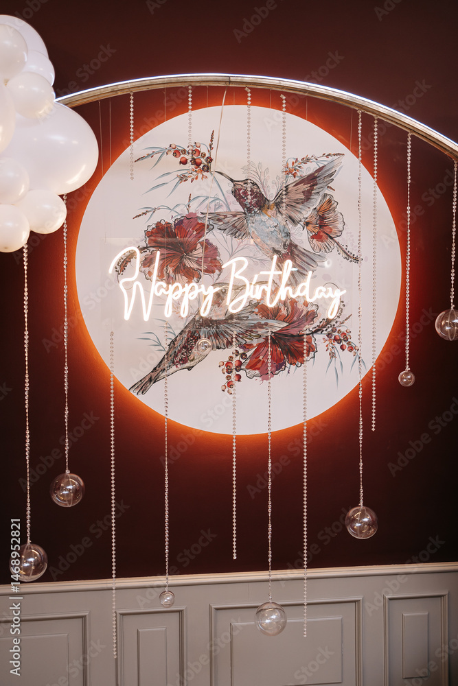 Red photo zone for birthday celebrations. Large elegant photo zone with lighting.