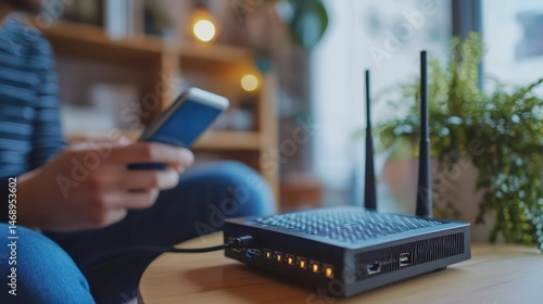 Wireless Router and Person Holding Phone in Living Room