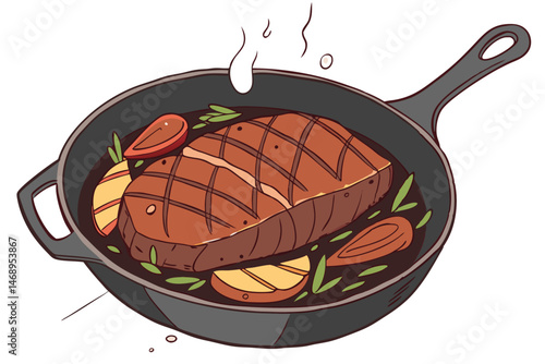 164 a beautifully cooked steak in a skillet, sizzling with roasted vegetables, detailed, high resolution, photographic quality, digital art, 4K