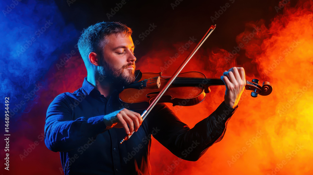 Fototapeta premium Expressive photo of violinist playing passionately in colorful smoke. vibrant blue and orange background enhances mood