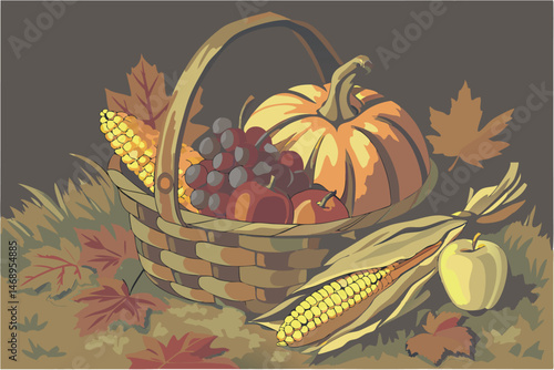 165 realistic, detailed, high quality, harvest basket, pumpkins, apples, corn, grapes, autumn leaves, rustic, moody lighting, still life composition, oil painting