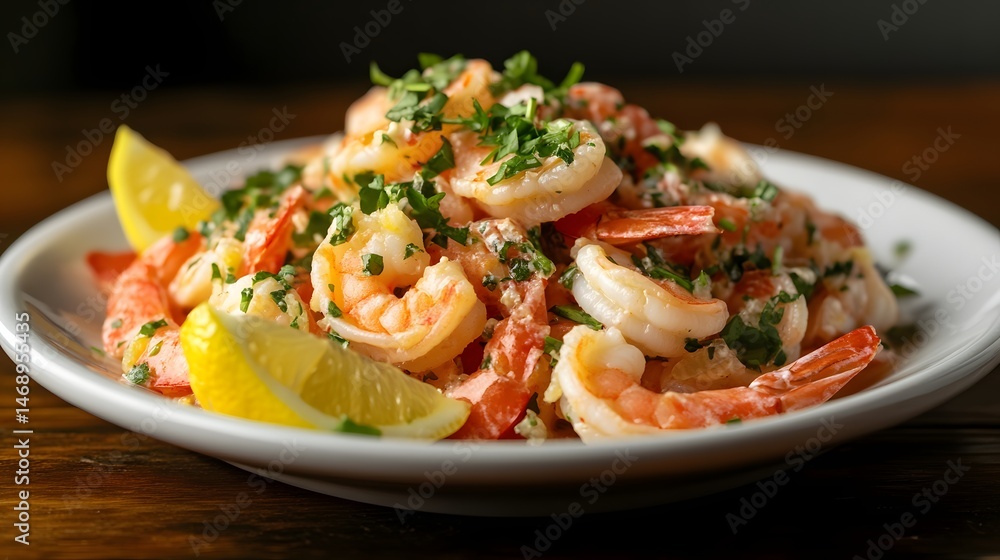 Shrimp with parsley and lemon on a plate. Shrimp with parsley and lemon on a plate.