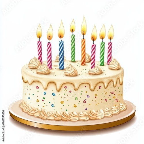 Birthday Cake With Colorful Candles and Creamy Frosting Decoration