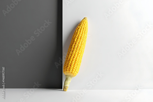 Modern minimal design with a single corn cob placed diagonally across a monochrome backdrop with elegant shadows 