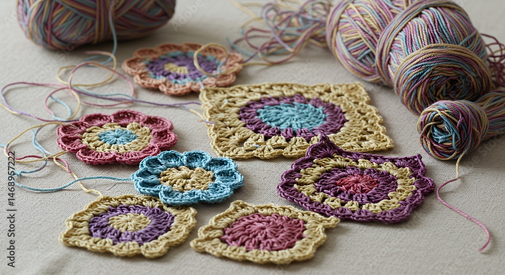Crochet squares and flowers with colorful yarn Crochet squares and flowers with colorful yarn