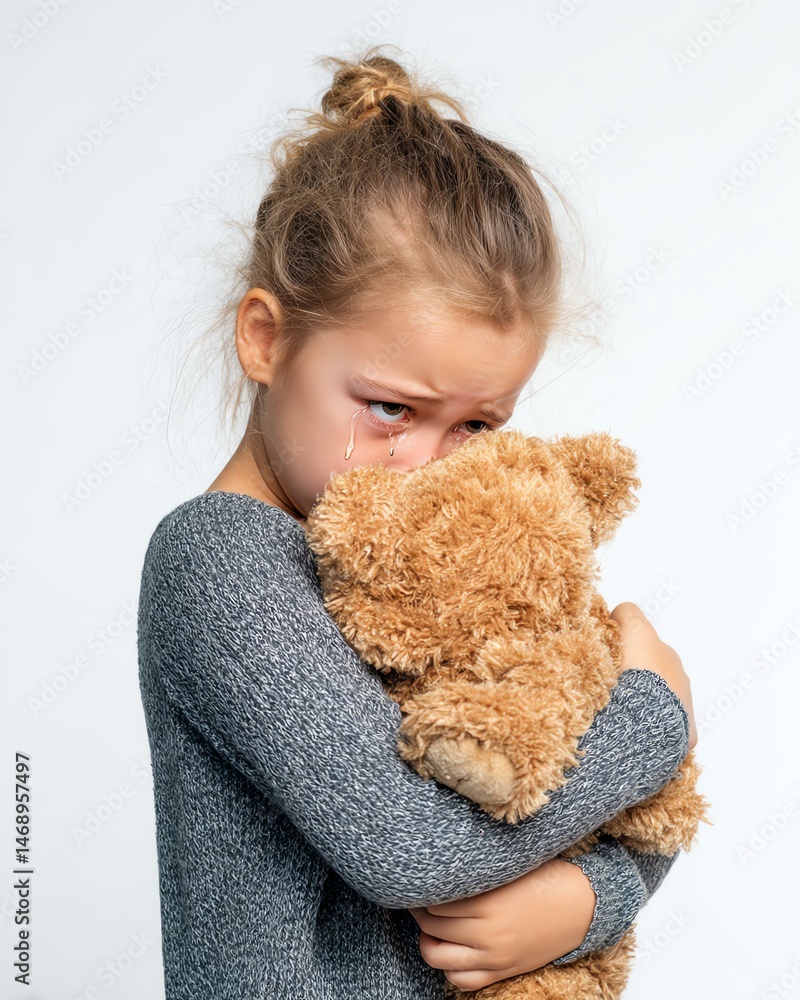 Isolated on white background Real Emotions and Natural Poses A young girl clutches her teddy bear tightly, expressing vulnerability and emotion in a heartfelt moment of comfort and connection. Isolated on white background Real Emotions and Natural Poses A young girl clutches her teddy bear tightly, expressing vulnerability and emotion in a heartfelt moment of comfort and connection.
