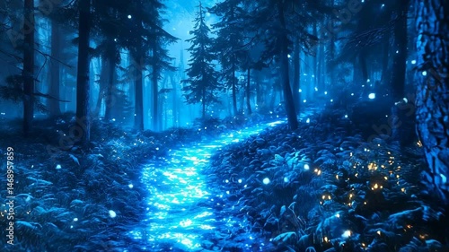 Mystical glowing path through dark enchanted blue forest
