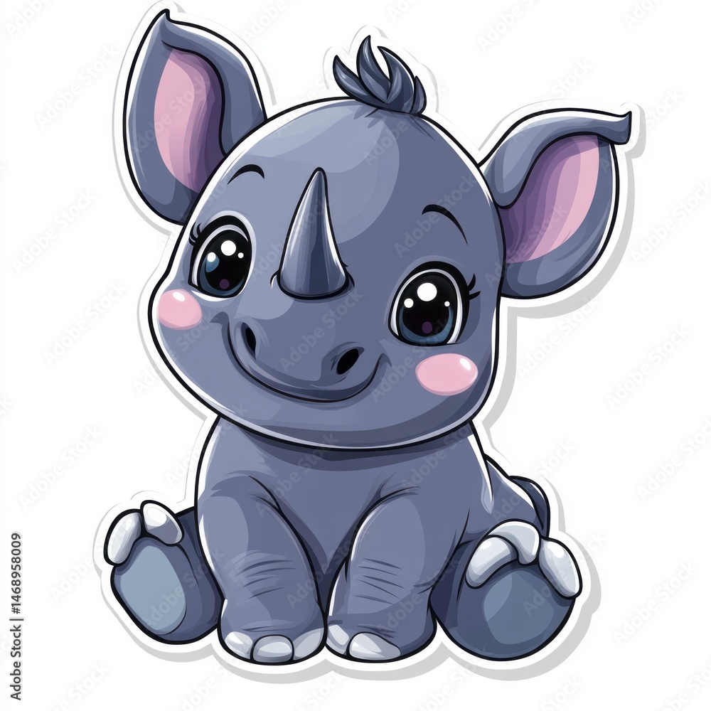 Fototapeta premium Cute, cartoon rhinoceros illustration, digitally rendered, in a cheerful style.