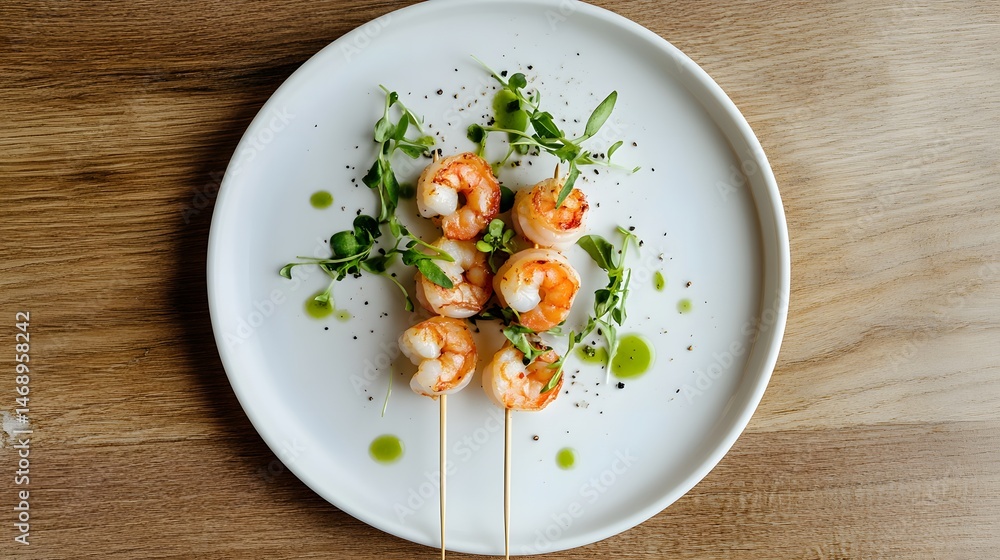 Grilled shrimp skewers with sauce and herbs. Grilled shrimp skewers with sauce and herbs.