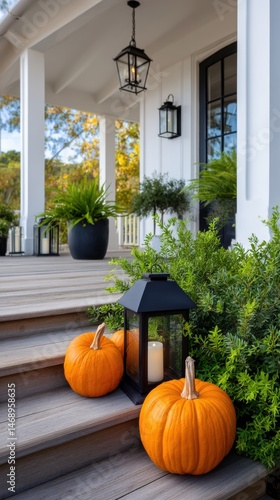 Autumn pumpkins and lanterns decorate porch steps for fall season celebration