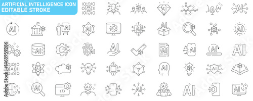Artificial intelligence line icons editable stroke technology neural network machine learning data innovation digital minimal modern set collection outline concept creative science futuristic