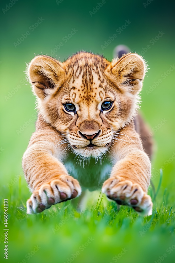 Obraz premium A small lion cub running across a lush green field