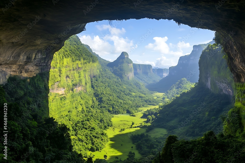 Obraz premium Majestic Valley View from Cave Opening Lush Green Mountains and Dramatic Landscape