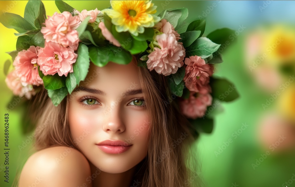 Woman wearing a flower headband with pink and yellow flowers. The woman has a greenish tint to her eyes Woman wearing a flower headband with pink and yellow flowers. The woman has a greenish tint to her eyes