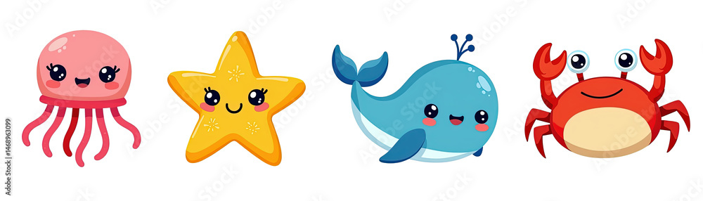 Fototapeta premium Adorable Cartoon Sea Creatures with Cute Faces: Jellyfish, Starfish, Whale, and Crab on Transparent Background