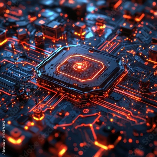 Futuristic Circuit Board with Glowing Elements and Intricate Design