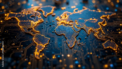 Fototapeta Naklejka Na Ścianę i Meble -  world map shaped circuit board, The continents are bright gold, contrasting with the cool blue circuit background