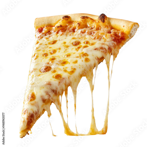 Delicious slice of cheesy pizza with stretchy cheese isolated on a transparent background, a slice of pizza with stretchy cheeseisolated transparent background