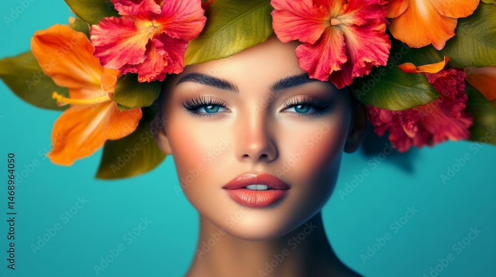 Woman with a flower headdress and a blue shirt. The woman is wearing a blue shirt and has a flower headdress on her head Woman with a flower headdress and a blue shirt. The woman is wearing a blue shirt and has a flower headdress on her head