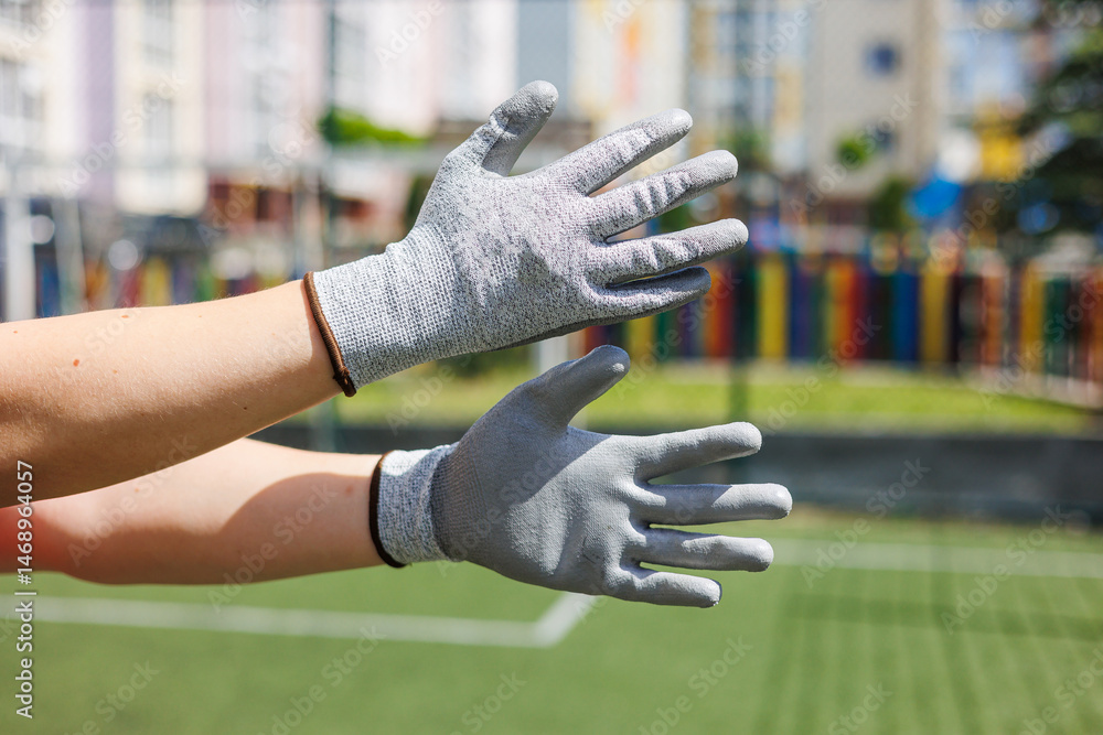 Close-up of male hands in construction gloves. Gloves for performing heavy dirty work on construction.