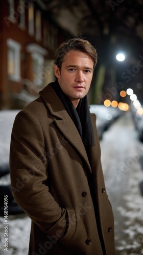 Man in Winter Coat Walking on Snowy Urban Sidewalk at Night Pensive Mood