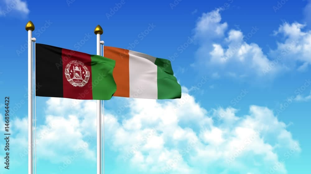 Waving flags of AFGHANISTAN and IVORY COAST on pole included with alpha channel Waving flags of AFGHANISTAN and IVORY COAST on pole included with alpha channel