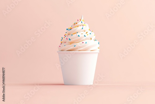 Swirled Delight Soft Serve Ice Cream Cup with Sprinkles on Pastel Pink.
