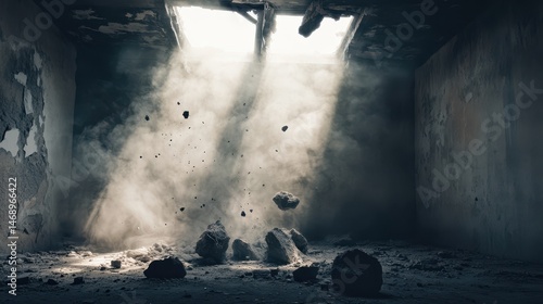 Dust and Debris in Abandoned Room with Sunlight Rays Streaming In