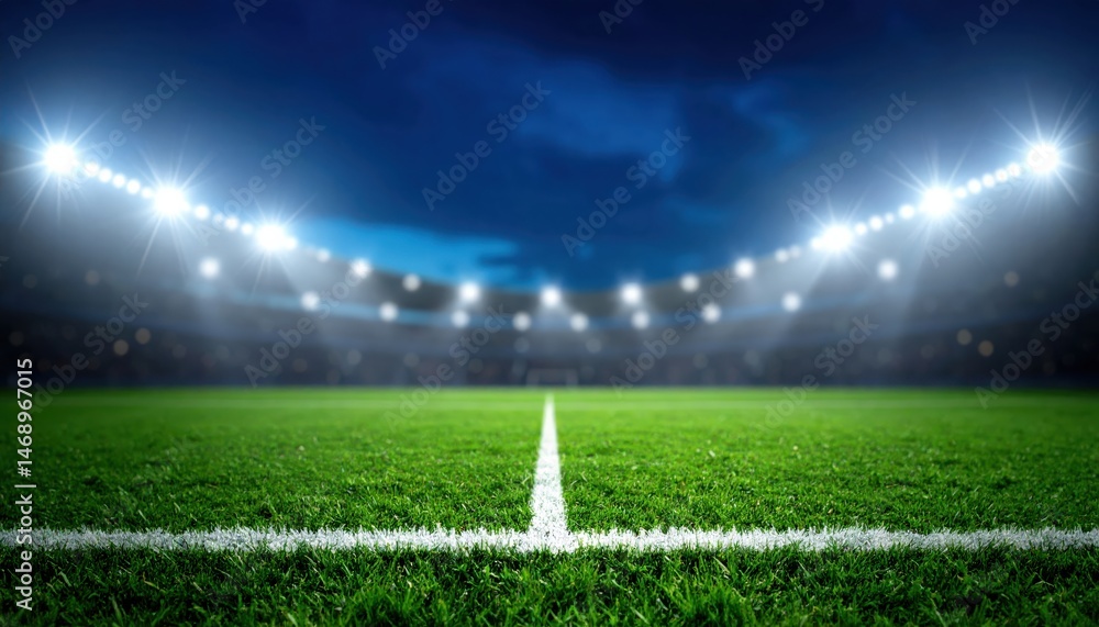 Obraz premium A well-lit football field under a night sky, showcasing vibrant green grass and bright stadium lights, creating an electrifying atmosphere for sports