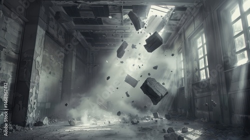 Fototapeta Naklejka Na Ścianę i Meble -  Dramatic Scene of Crumbling Debris in Abandoned Urban Environment