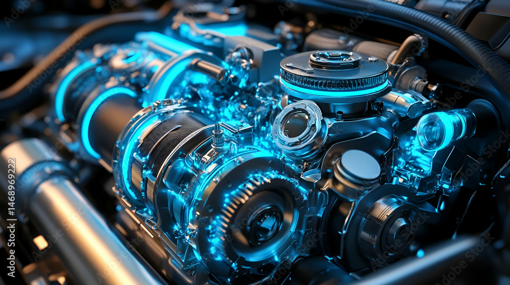 Detailed Close Up of a Car Engine with Glowing Blue Highlights Detailed Close Up of a Car Engine with Glowing Blue Highlights