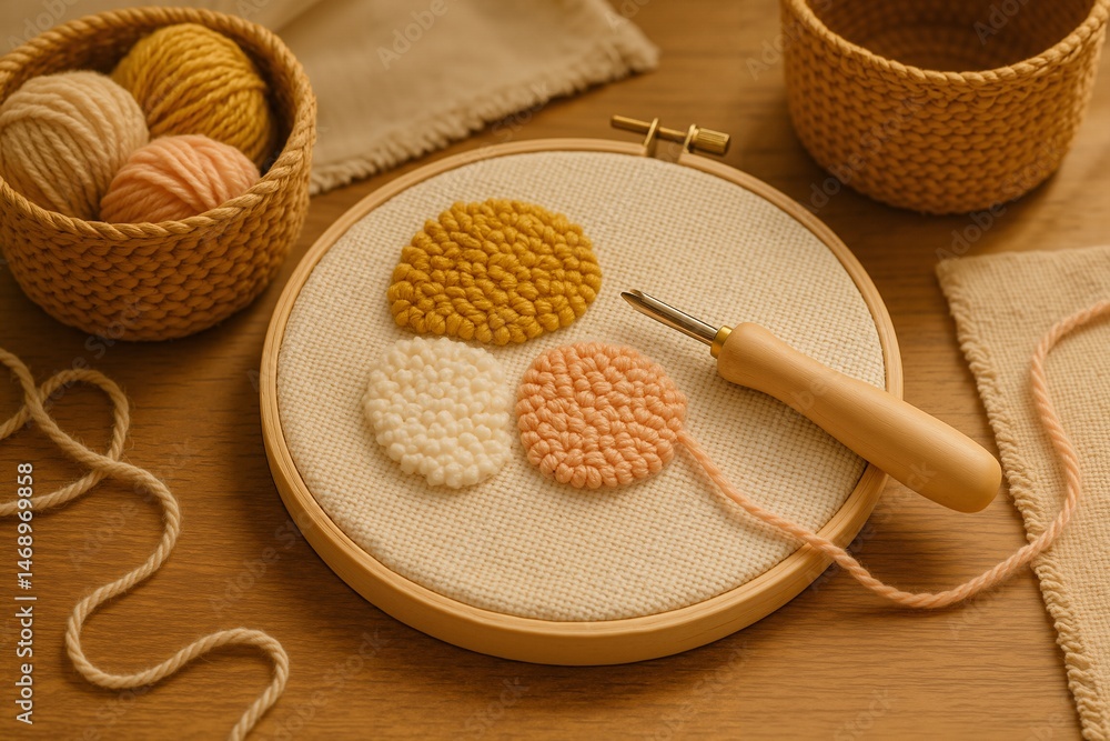 Exploring the Art of Looping: A Cozy Scene Featuring Yarn, Crafting Tools, and Beautiful Textiles Gathered Around a Wooden Surface for a Stitching Project Exploring the Art of Looping: A Cozy Scene Featuring Yarn, Crafting Tools, and Beautiful Textiles Gathered Around a Wooden Surface for a Stitching Project