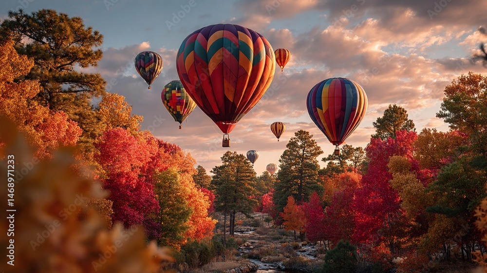 Fototapeta premium Colorful hot air balloons float above a picturesque autumn landscape, with vibrant fall foliage lining a serene stream