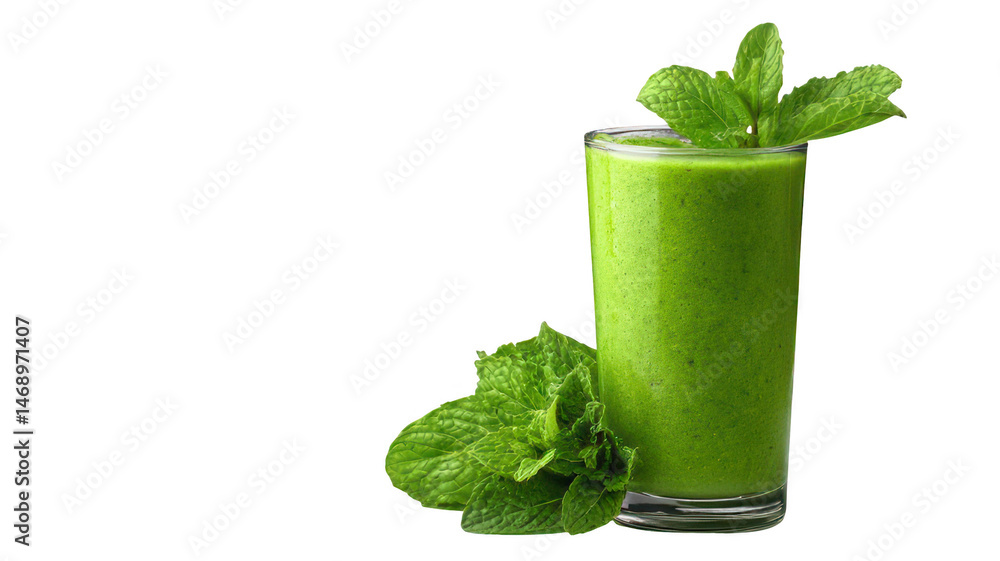 Fresh Green Smoothie with Mint Leaves in Glass Isolated on White Background No Blur Fresh Green Smoothie with Mint Leaves in Glass Isolated on White Background No Blur