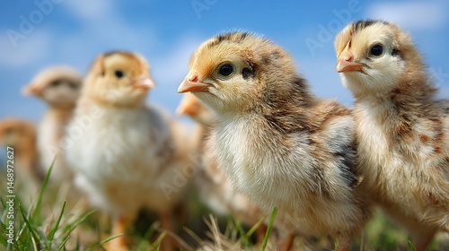 Adorable Baby Chickens Gathered on Spring Grass in Bright Sunshine