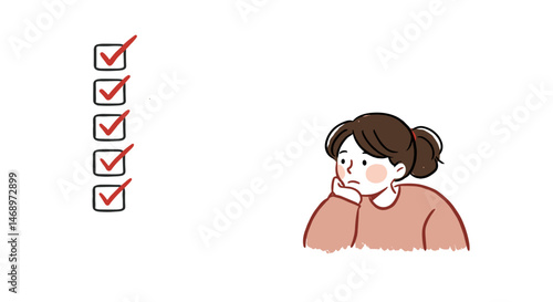 Thoughtful girl pondering checklist items in a minimalistic style  