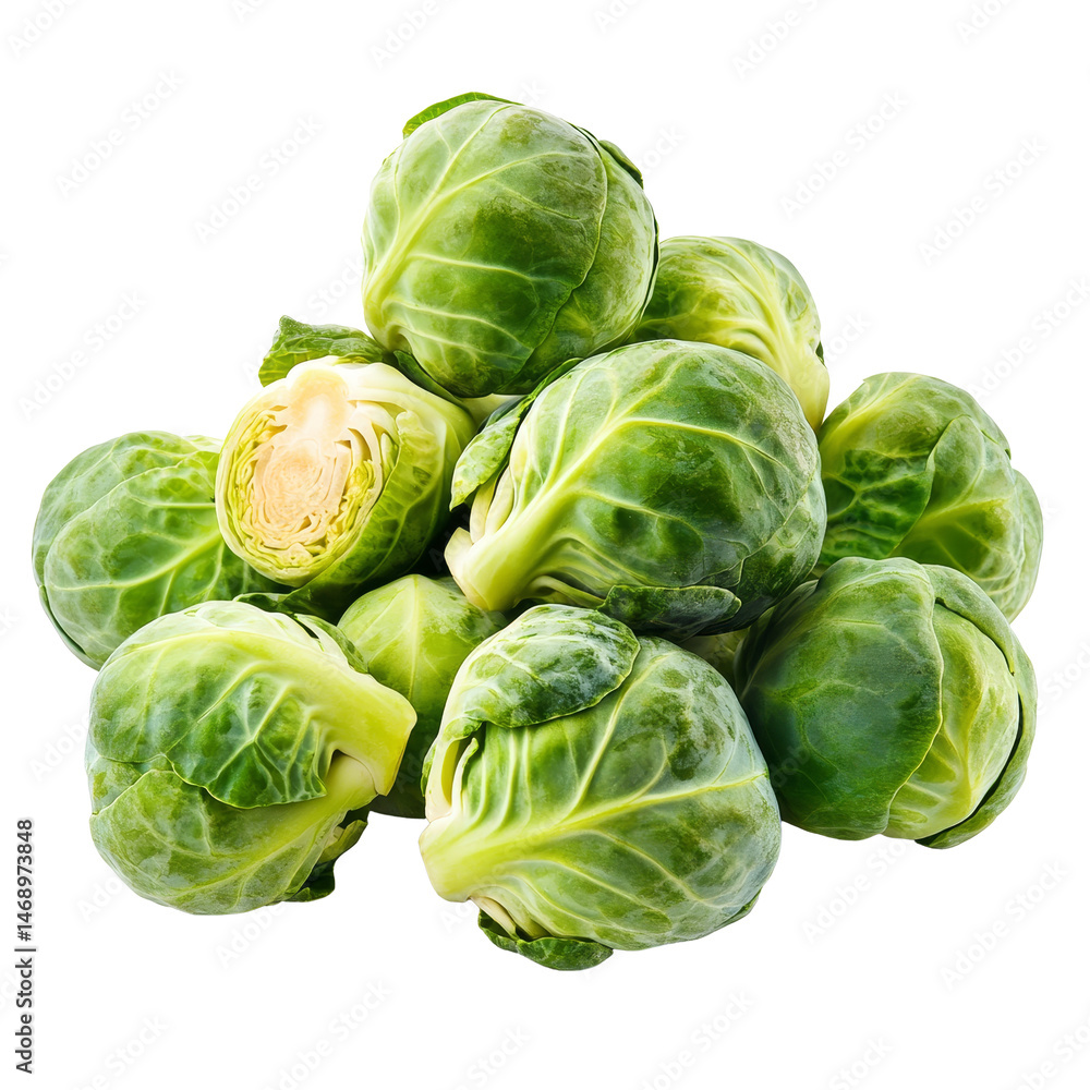 Fototapeta premium Fresh Brussels sprouts grouped together on a pristine transparent background ready for cooking and healthy meals, Group of Brussel Sprouts isolated on transparent background
