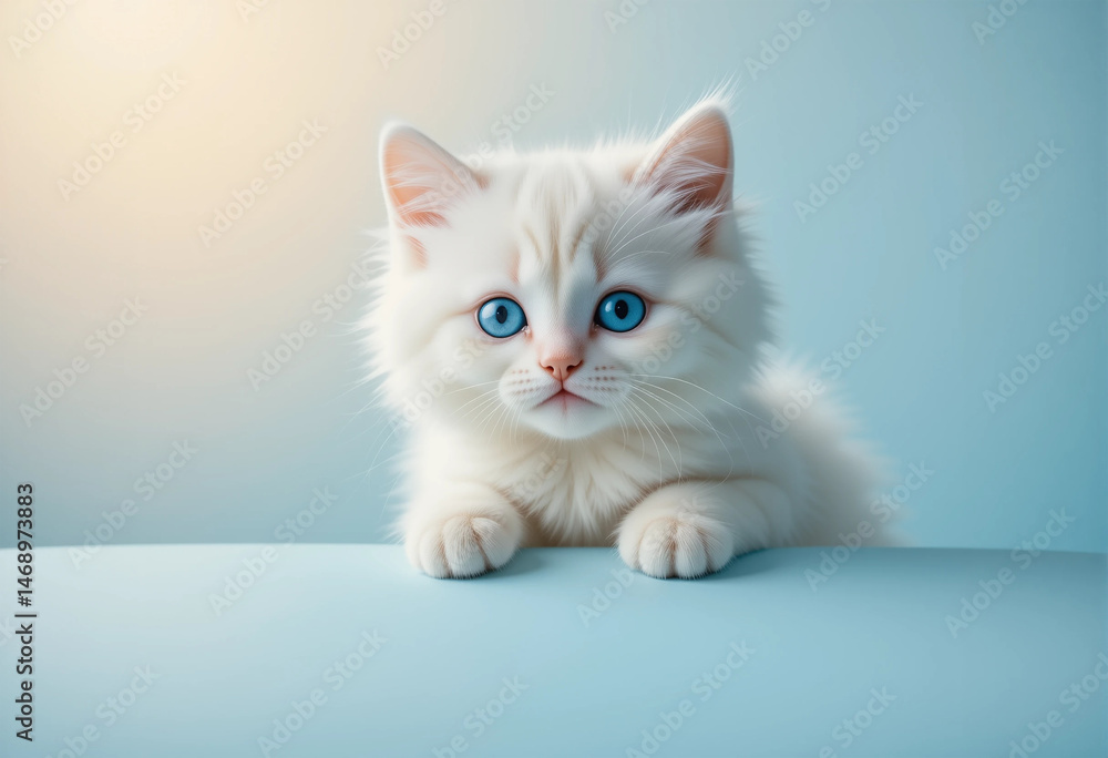 Adorable Kitten with Bright Blue Eyes on a Soft Blue Background Adorable Kitten with Bright Blue Eyes on a Soft Blue Background