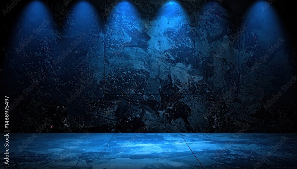 Obraz premium A dark, textured wall illuminated by cool blue lights, creating an atmospheric and moody setting, perfect for artistic presentations or photography