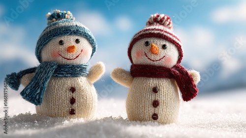 Wallpaper Mural Cute Hand Knitted Snowmen on Soft Snow with Blue Sky Background Torontodigital.ca