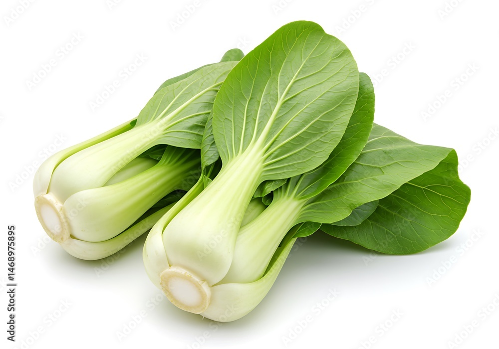 Two fresh bok choy heads with green leaves on a white background Two fresh bok choy heads with green leaves on a white background