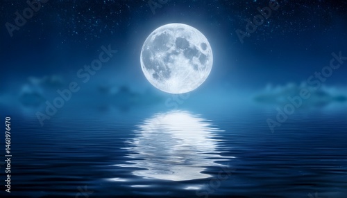 Full Moon Reflected on Water Surface at Night, Tranquil and Gentle Moonlight, High-Resolution / 水面に映る満月、夜の静寂と優しい月光、高解像度