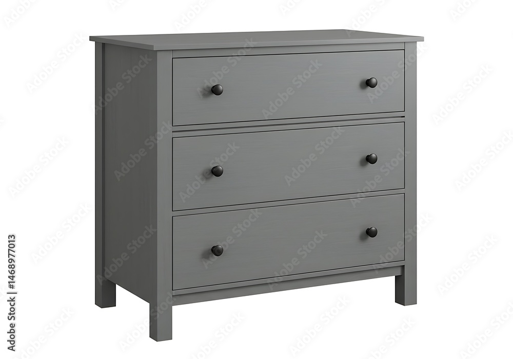 Gray chest of drawers with three drawers and black knobs on a white background Gray chest of drawers with three drawers and black knobs on a white background