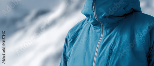 Blue ski jacket against snowy mountain background