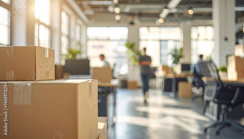 Bright office space with cardboard boxes, plants, and blurred figures, suggesting a busy work environment focused on organization and logistics