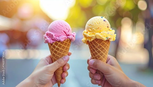 Wallpaper Mural Two hands hold ice cream cones with pink and yellow scoops, set against a blurred outdoor background. A bright, sunny day enhances the cheerful scene Torontodigital.ca