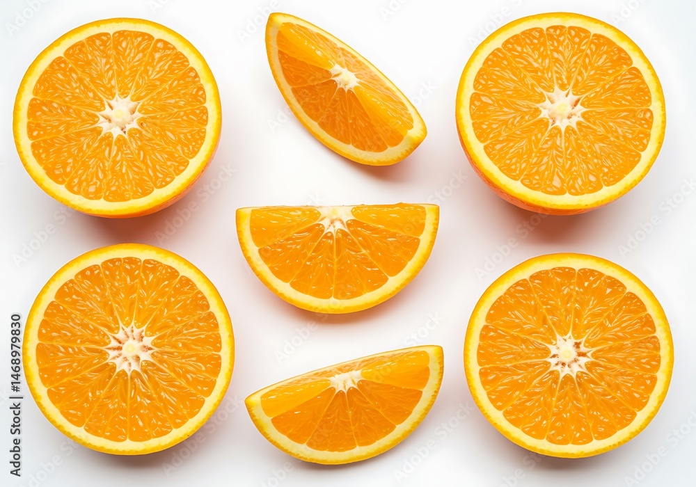 Arrangement of orange halves and slices on a white background Arrangement of orange halves and slices on a white background