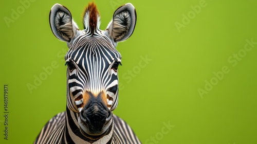 Close-up portrait of a zebra against a solid lime green background.