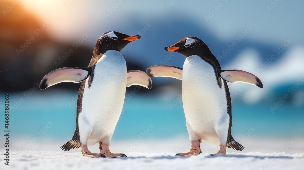 Fototapeta premium Two penguins are standing close to each other on a snowy beach. The scene is calm and tranquil, with the penguins seemingly enjoying each other's company. The beach is covered in a thick layer of snow